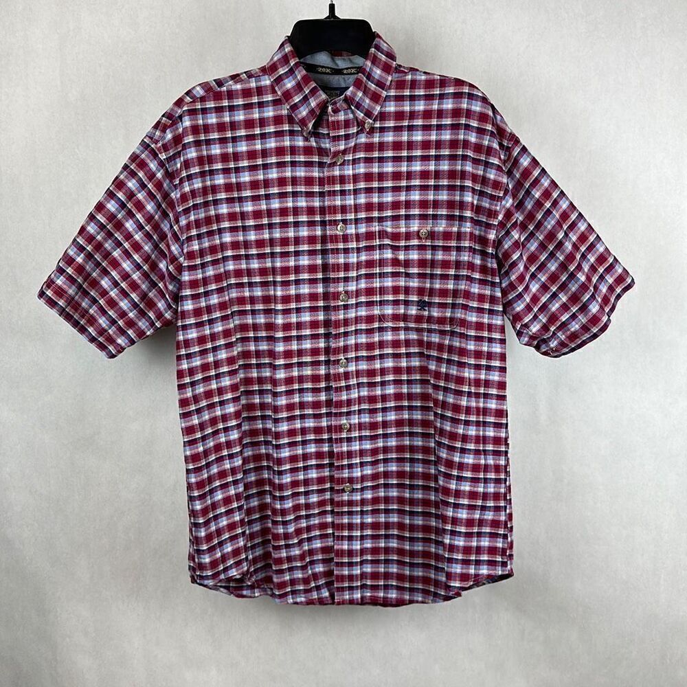 Wrangler 20X Button Front Shirt Mens Sz M Short Sleeve Plaid Red Blue White USA